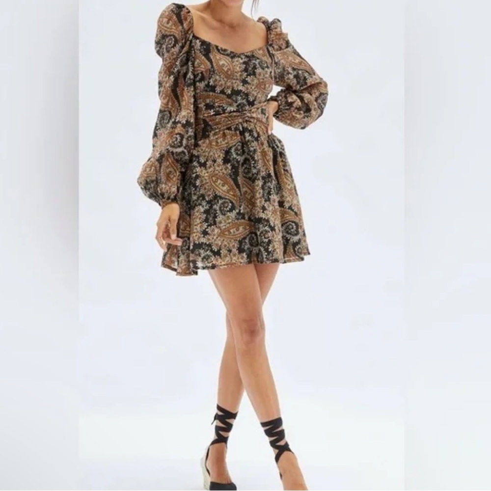 MINKPINK Black and Brown babydoll Paisley Long Sleeve mini Dress Small - Picture 7 of 7
